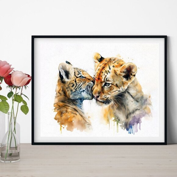8x10 Baby Tigers Playing Watercolor Oil Painting Print - Tiger Cubs Art - Picture 4 of 5